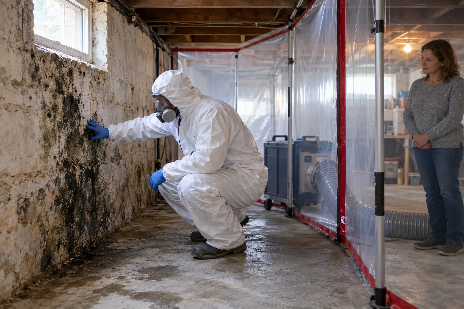 Technician removing dark mold from a bathroom ceiling