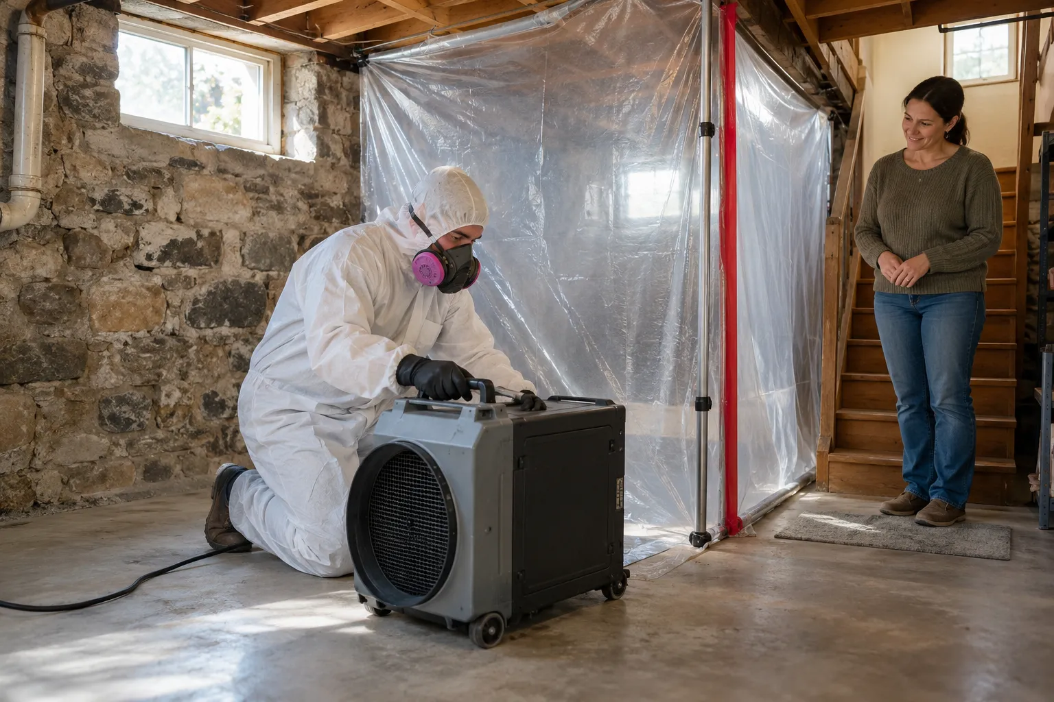 Mold remediation work area sealed with plastic sheeting